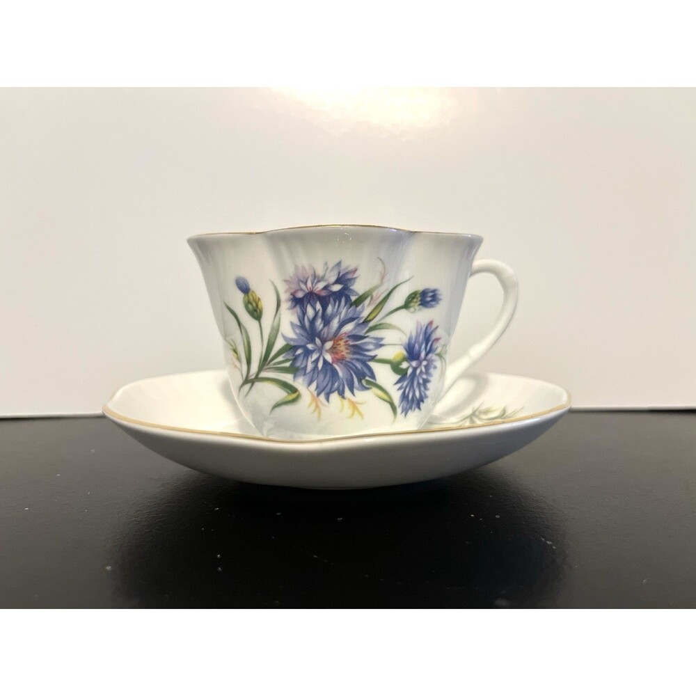 Fine Bone China Tea Cup & Saucer Blue Floral Made In England Crown Mark